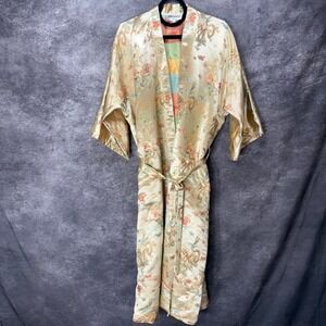 Tangyi Kimono Robe Size L Gold Dragon Phoenix Floral Brocade Satin Silk Blend